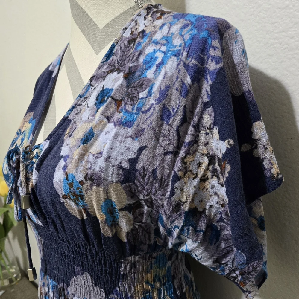 Lovestitch Blue Floral Maxi Dress Smocked Waist Size Small / Medium - Picture 5 of 13